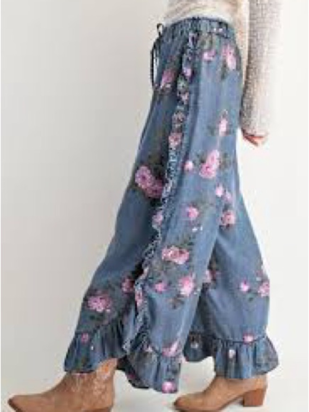 easel Blue Wide-Leg Floral 100% Tencel Pants with Pink Flowers